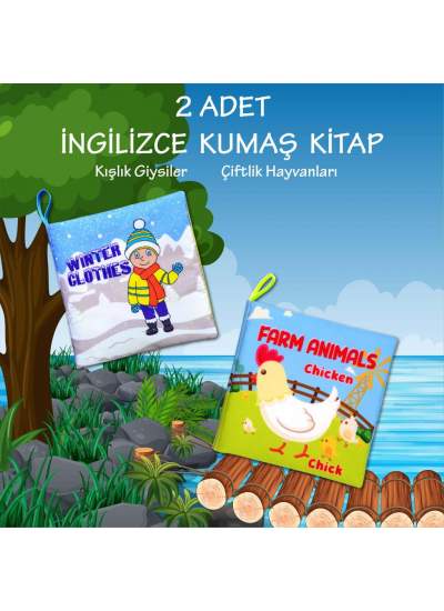 CLZ247 2 Kitap  İngilizce Kışlık Giysiler ve Çiftlik Hayvanları Kumaş Sessiz Kitap