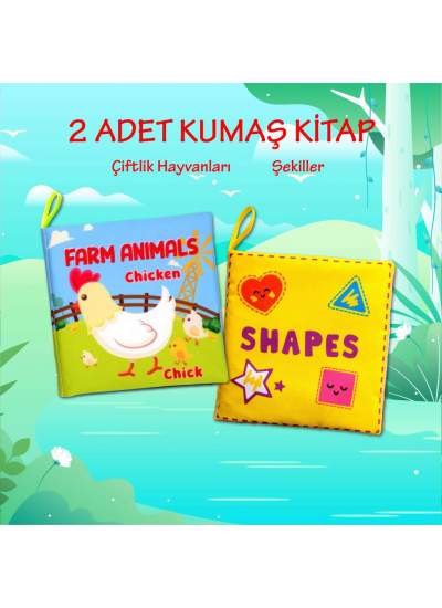 CLZ247 2 Kitap  İngilizce Çiftlik Hayvanları ve Şekiller Kumaş Sessiz Kitap