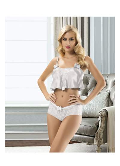 CLZ946 Beyaz Saten Babydoll Takım