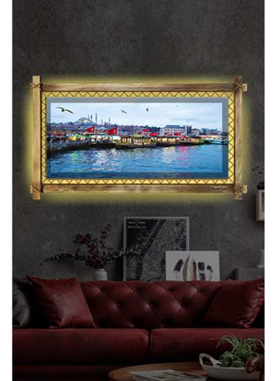 CLZ104 İstanbul Manzara LED IŞIKLI RUSTİK kanvas tablo O  (96 x 56) cm