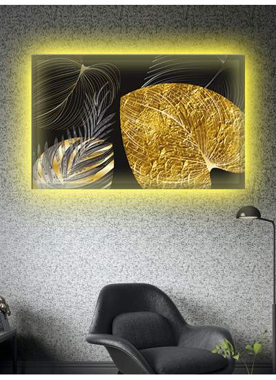 CLZ104 Led Işıklı Gold Siyah Yaprak Tablo  (50 x 35) cm