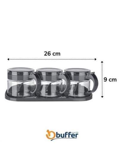 BUFFER®  Gri  3lü Standlı Kapaklı Kaşıklı Cam Hava Sızdırmaz Baharatlık Takımı KC-386