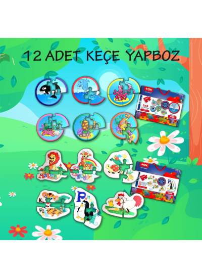 CLZ247 12 Set - 42 Parça  Deniz Canlıları ve Hayvanlar 2+ Keçe Yapboz - 2 Yaş Puzzle