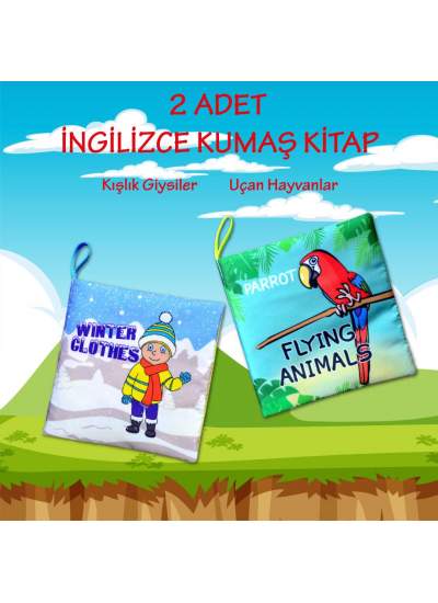 CLZ247 2 Kitap  İngilizce Kışlık Giysiler ve Uçan Hayvanlar Kumaş Sessiz Kitap