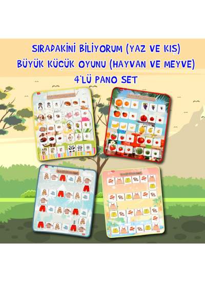 CLZ247 4 Set - 114 Parça  Sıradakini Biliyoum ( Yaz , Kış ) ve Büyük -Küçük Oyunu (Hayvan, Meyve) Keçe Cırtlı Duvar Panoları , Eğitici Oyuncak