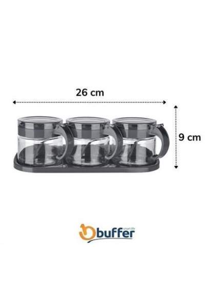 BUFFER®  Siyah 3lü Standlı Kapaklı Kaşıklı Cam Hava Sızdırmaz Baharatlık Takımı KC-386