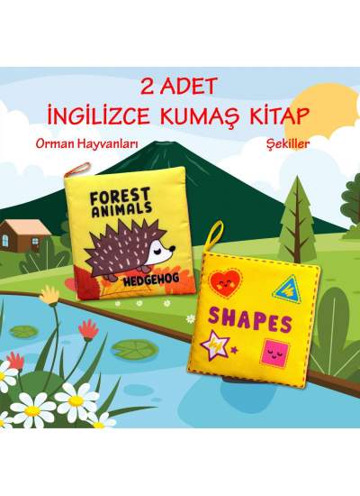 CLZ247 2 Kitap  İngilizce Orman Hayvanları ve Şekiller Kumaş Sessiz Kitap