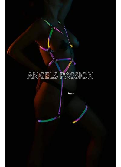 CLZ41 Fantezi Giyim Renkli Reflektörlü Body Harness - Ürün Rengi:Rainbow Reflektör