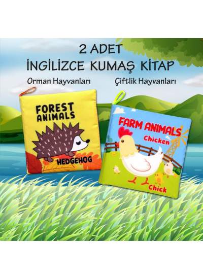 CLZ247 2 Kitap  İngilizce Orman Hayvanları ve Çiftlik Hayvanları Kumaş Sessiz Kitap