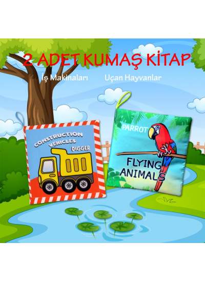 CLZ247 2 Kitap  İngilizce İş Makinaları ve Uçan Hayvanlar Kumaş Sessiz Kitap