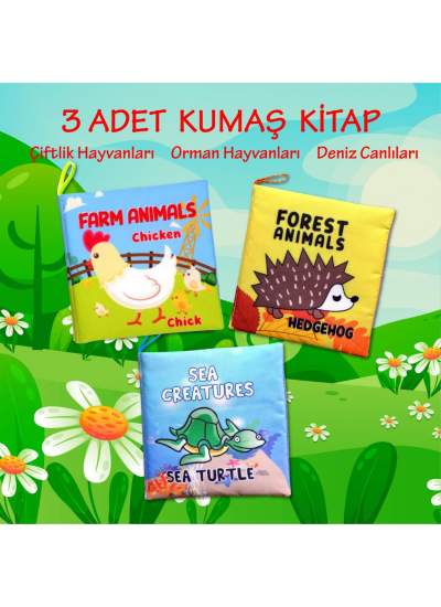 CLZ247 3 Kitap  İngilizce Deniz Canlıları , Çiftlik ve Orman Hayvanları Kumaş Sessiz Kitap