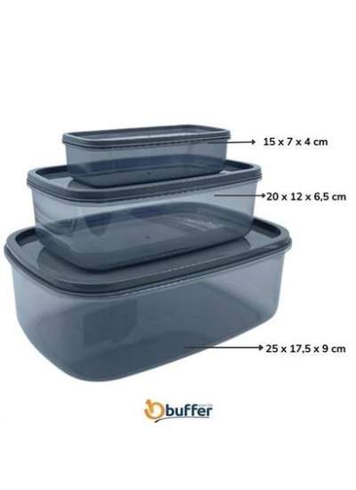 BUFFER® 3lü Dikdörtgen Füme Şeffaf Sızdırmaz Kilitli Erzak Bakliyat Gıda Saklama Kabı Seti -AK530