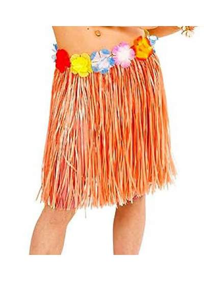 Yetişkin ve Çocuk Uyumlu Turuncu Renk Püsküllü Hawaii Luau Hula Etek 40 cm (CLZ)