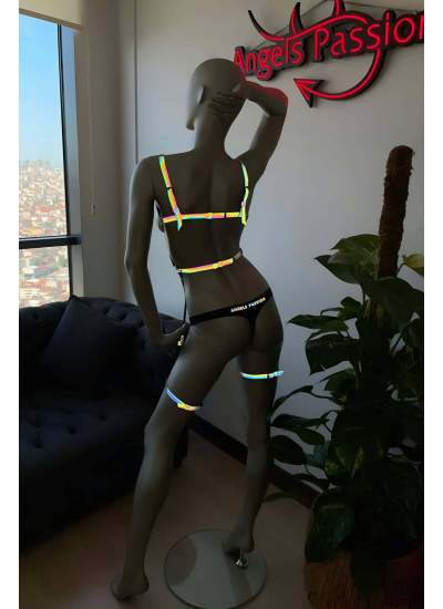 CLZ41 Pole Dans Giyim Işıkla Yansıyan Seksi Harness - Ürün Rengi:Rainbow Reflektör