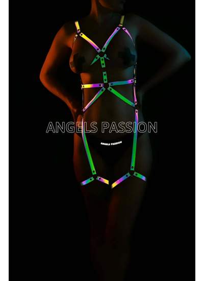 CLZ41 Fantezi Giyim Renkli Reflektörlü Body Harness - Ürün Rengi:Rainbow Reflektör