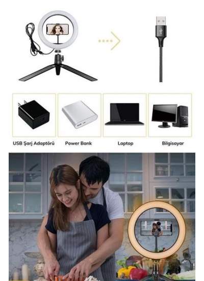 BUFFER® 10inç 26cm Youtube Instagram Tiktok Selfie  Stüdyo Video Fotoğraf Ring Light  Tripod Led Hal