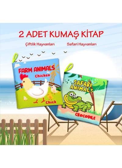 CLZ247 2 Kitap  İngilizce Çiftlik Hayvanları ve Safari Hayvanarı Kumaş Sessiz Kitap