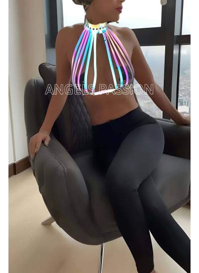 CLZ41 Rainbow Reflektörlü Seksi Harness Büstiyer - Ürün Rengi:Rainbow Reflektör