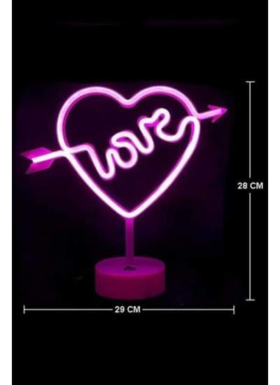 BUFFER® Kalpli Love Yazılı Dekoratif Neon Pilli Led Masa ve Gece Lambası