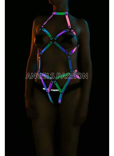 CLZ41 Erotik İç Giyim Reflektörlü Seksi Body Harness - Ürün Rengi:Rainbow Reflektör