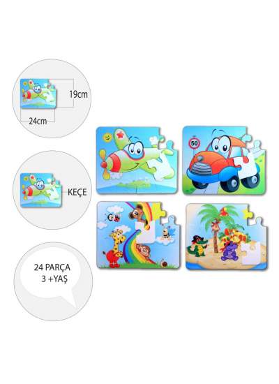 CLZ247 4 Set - 48 Parça  Uçak, Araba ve Gökkuşağı 3+ Keçe Yapboz - 3 Yaş Puzzle