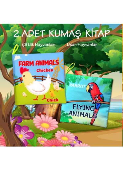 CLZ247 2 Kitap  İngilizce Çiftlik Hayvanları ve Uçan Hayvanlar Kumaş Sessiz Kitap