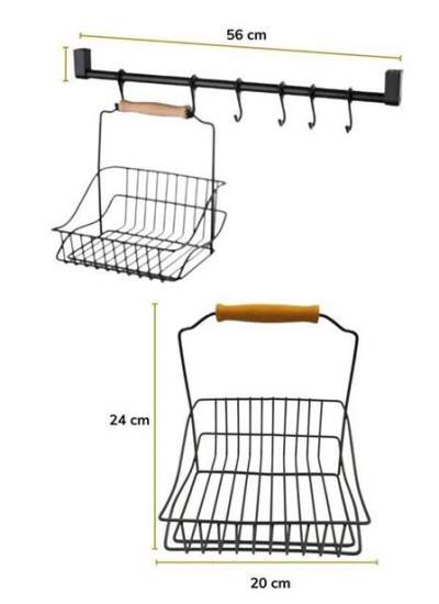 BUFFER® Retro Ferforje Askılı Siyah  Ahşap Kulplu Düzenleyici Mutfak Sepeti