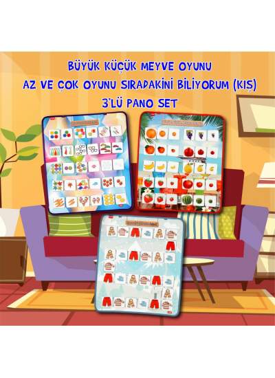 CLZ247 3 Set - 87 Parça  Az - Çok , Büyük - Küçük Meyve ve Sıradakini Biliyorum Oyunu Keçe Cırtlı Duvar Panoları , Eğitici Oyuncak