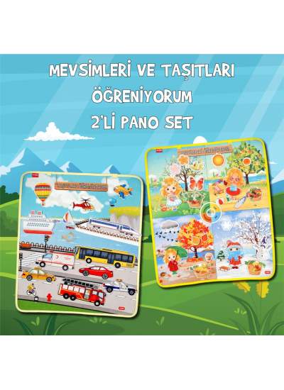 CLZ247 2 Set - 36 Parça  Mevsimler ve Taşıtları Öğreniyorum Keçe Cırtlı Duvar Panoları , Eğitici Oyuncak