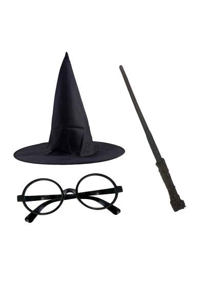 Harry Potter Siyah Şapkası Harry Potter Gözlüğü Harry Potter Asası 3 lü Set (CLZ)