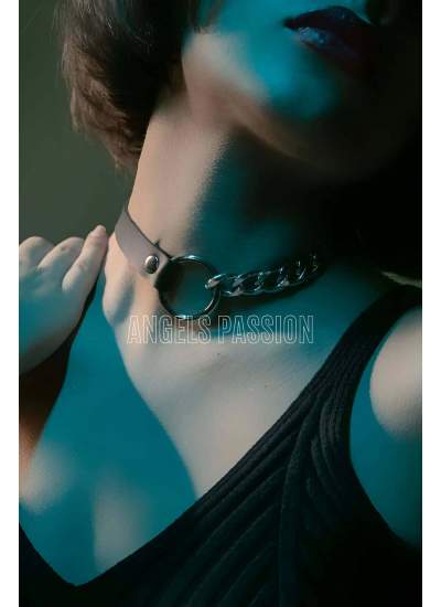 CLZ41 Zincirli Deri Choker, Zincir Detaylı Seksi Choker - Ürün Rengi:Kırmızı