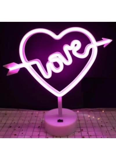 BUFFER® Kalpli Love Yazılı Dekoratif Neon Pilli Led Masa ve Gece Lambası