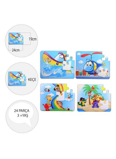 CLZ247 4 Set - 48 Parça  Tekne , Helikopter ve Gökkuşağı 3+ Keçe Yapboz - 3 Yaş Puzzle