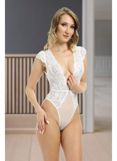 CLZ946 Beyaz Yarım Kol Dantel Bodysuit