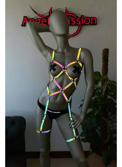 CLZ41 Pole Dans Giyim Işıkla Yansıyan Seksi Harness - Ürün Rengi:Rainbow Reflektör