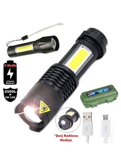 CLZ192 Su Geçirmez Şarjlı El Feneri 2500 Lumens + 5W COB LED USB Lion Şarjlı Ultra Güçlü Q5 XPE (4172)