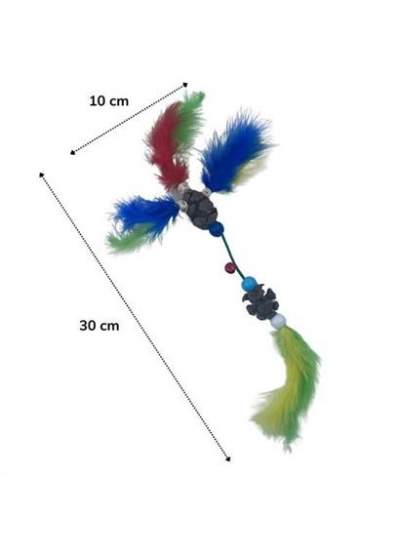 BUFFER® Tüylü Tahta Boncuklu Zilli Kedi Oyuncağı Çok Renkli Kedi Oyuncak