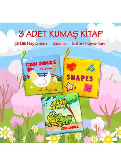 CLZ247 3 Kitap  İngilizce Şekiller , Çiftlik ve Safari Hayvanları Kumaş Sessiz Kitap