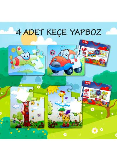 CLZ247 4 Set - 48 Parça  Uçak, Araba ve Zürafa 3+ Keçe Yapboz - 3 Yaş Puzzle