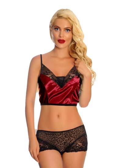 CLZ946 Bordo Saten Dantelli Babydoll Şortlu Takım