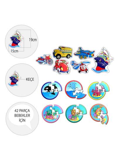 CLZ247 12 Set - 42 Parça  Deniz Canlıları ve Ulaşım Araçları 2+ Keçe Yapboz - 2 Yaş Puzzle