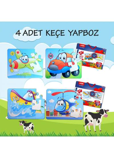 CLZ247 4 Set - 48 Parça  Uçak, Araba, Tekne ve Helikopter 3+ Keçe Yapboz - 3 Yaş Puzzle