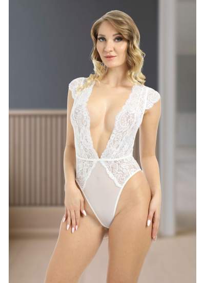 CLZ946 Beyaz Yarım Kol Dantel Bodysuit