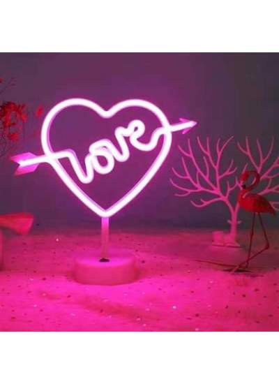 BUFFER® Kalpli Love Yazılı Dekoratif Neon Pilli Led Masa ve Gece Lambası