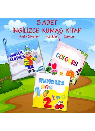 CLZ247 3 Kitap  İngilizce Kışlık Giysiler , Renkler ve Rakamlar Kumaş Sessiz Kitap