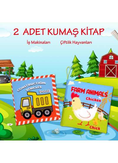 CLZ247 2 Kitap  İngilizce İş Makinaları ve Çiftlik Hayvanları Kumaş Sessiz Kitap