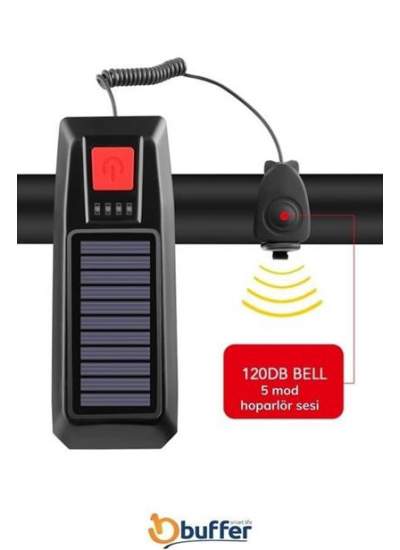 BUFFER® Solar Enerjili USB ile Şarj Edilebilir Ledli Bisiklet Feneri Kornalı ve Su Geçirmez Far