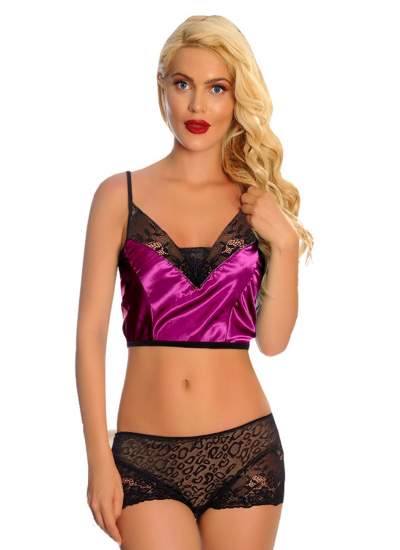 CLZ946 Mor Saten Dantelli Babydoll Şortlu Takım