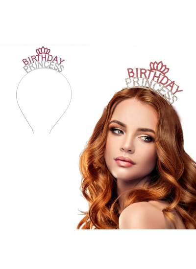 Kristal Taşlı Pembe Birthday Princess Yazılı Parti Tacı 19x11 cm (CLZ)