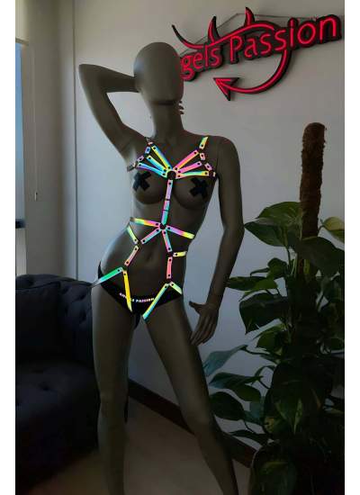 CLZ41 Direk Dans KıyafetleriŞık Reflektörlü Body Harness - Ürün Rengi:Rainbow Reflektör